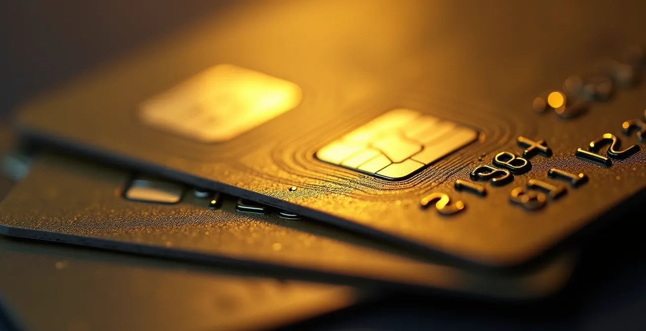 Détail macro de la puce dorée d'une carte bancaire