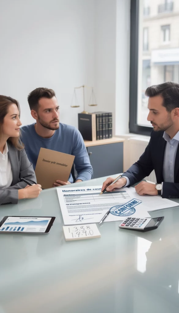 un couple et un courtier parle de frais d'honoraires de courtage