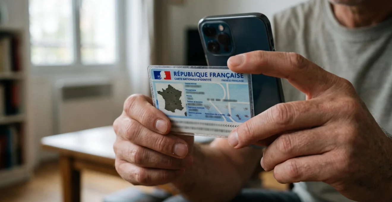 Main tenant une carte d'identité nationale devant un smartphone pour photographier le document