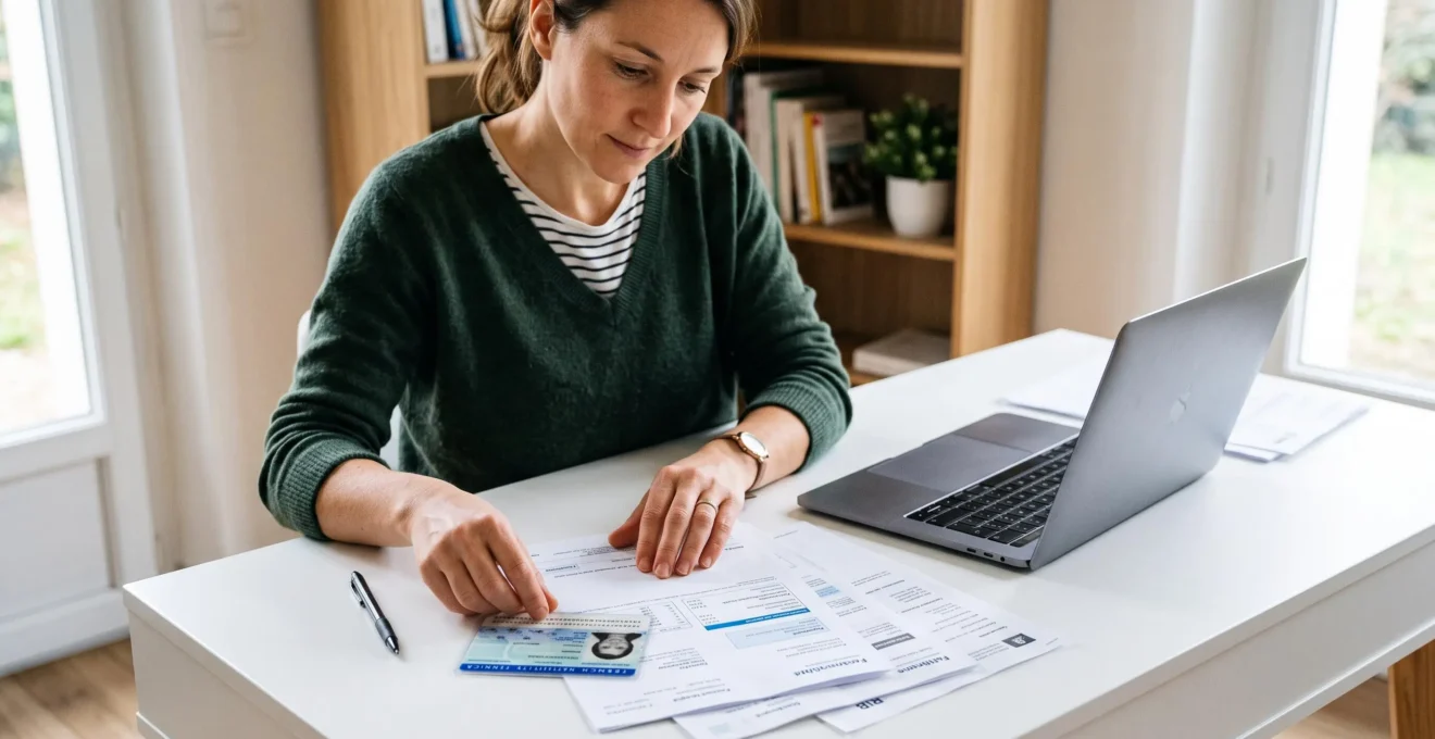 Personne organisant des documents administratifs sur un bureau pour préparer l'ouverture d'un compte bancaire en ligne