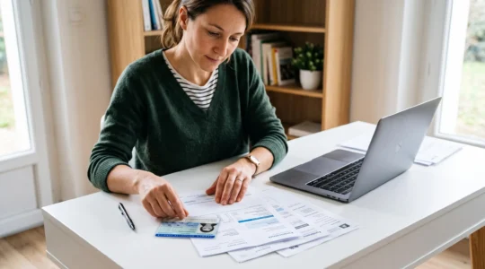 Personne organisant des documents administratifs sur un bureau pour préparer l'ouverture d'un compte bancaire en ligne