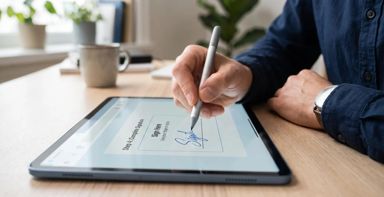 Main signant électroniquement sur un écran tactile lors d'une procédure d'ouverture de compte en ligne
