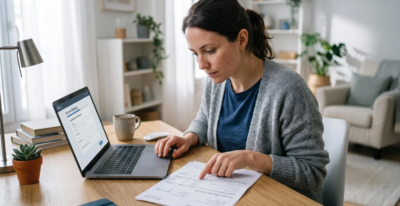 Personne consultant un justificatif de domicile récent à côté d'un ordinateur portable