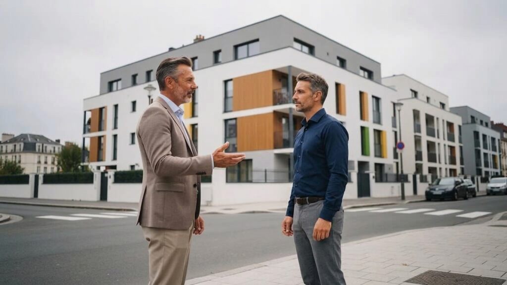 Agent immobilier présentant un programme de logements neufs à un primo-accédant devant une résidence contemporaine Agent immobilier présentant un programme de logements neufs à un primo-accédant devant une résidence contemporaine
