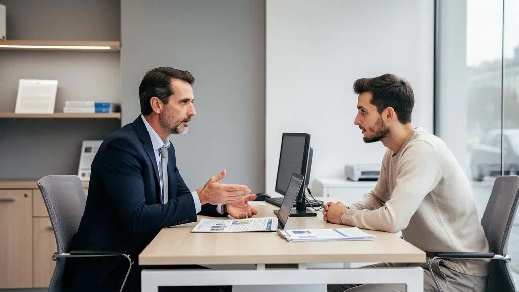 Conseiller bancaire expliquant un plan de financement combiné PTZ et crédit classique à un primo-accédant Conseiller bancaire expliquant un plan de financement combiné PTZ et crédit classique à un primo-accédant