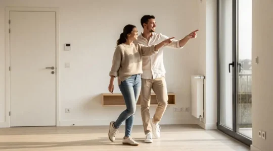 Jeune couple de primo-accédants visitant un appartement neuf lumineux en France